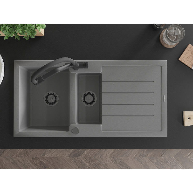 Mexen Andres granitový dřez 1,5-komorový s odkapávačem a kuchyňskou baterií Duo, šedý - 6515-71-671701-70-B