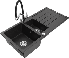 Mexen Andres žulový dřez 1,5-komorový s odkapávačem a kuchyňskou baterií Duo, černý/stříbrný metalik - 6515-73-671701-07