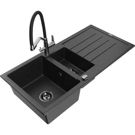 Mexen Andres granitový dřez 1,5-komorový s odkapávačem a kuchyňskou baterií Duo, černý/stříbrný - 6515-73-671701-07-B