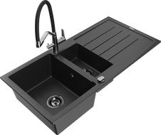Mexen Andres granitový dřez 1,5-komorový s odkapávačem a kuchyňskou baterií Duo, černý/stříbrný - 6515-73-671701-07-B
