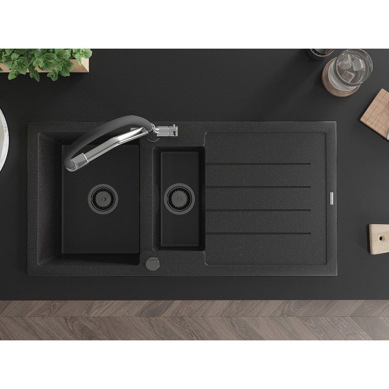 Mexen Andres granitový dřez 1,5-komorový s odkapávačem a kuchyňskou baterií Duo, černý/stříbrný - 6515-73-671701-07-B