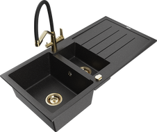 Mexen Andres žulový dřez 1,5 komorový s odkapávačem a kuchyňskou baterií Duo, černý/stříbrný - 6515-73-671701-57-G