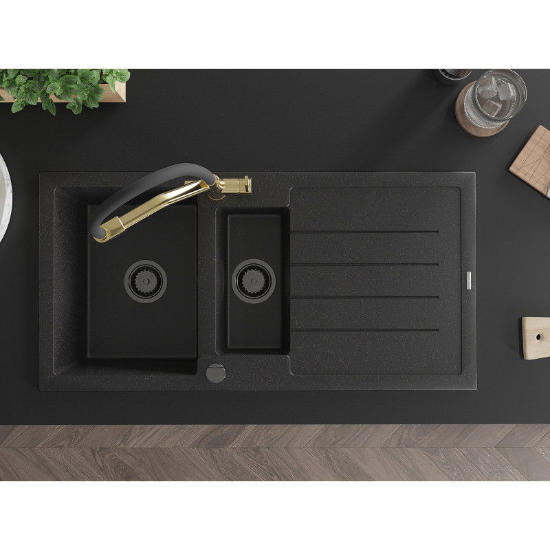 Mexen Andres žulový dřez 1,5-komorový s odkapávačem a kuchyňskou baterií Duo, černý/stříbrný - 6515-73-671701-57-B