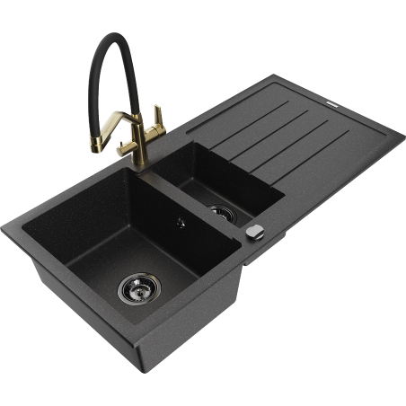 Mexen Andres žulový dřez 1,5-komorový s odkapávačem a kuchyňskou baterií Duo, černý/stříbrný - 6515-73-671701-57-B