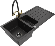 Mexen Andres žulový dřez 1,5-komorový s odkapávačem a kuchyňskou baterií Duo, černý/stříbrný - 6515-73-671701-57-B