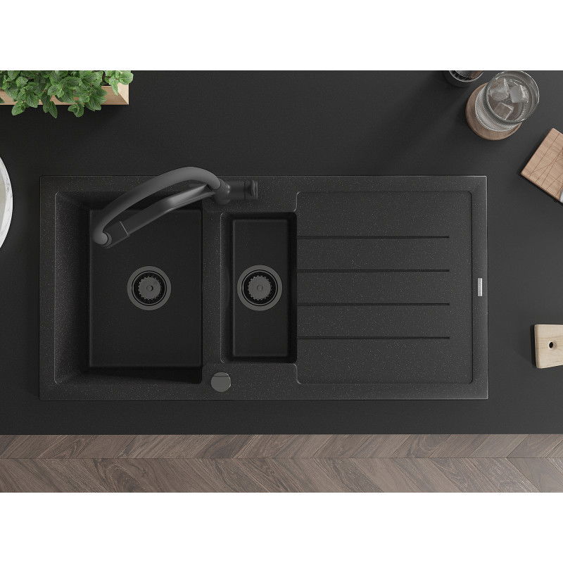 Mexen Andres granitový dřez 1,5-komorový s odkapávačem a kuchyňskou baterií Duo, černý/stříbrný - 6515-73-671701-70-B