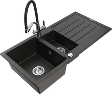 Mexen Andres granitový dřez 1,5-komorový s odkapávačem a kuchyňskou baterií Duo, černý/zlatý metalik - 6515-75-671701-07