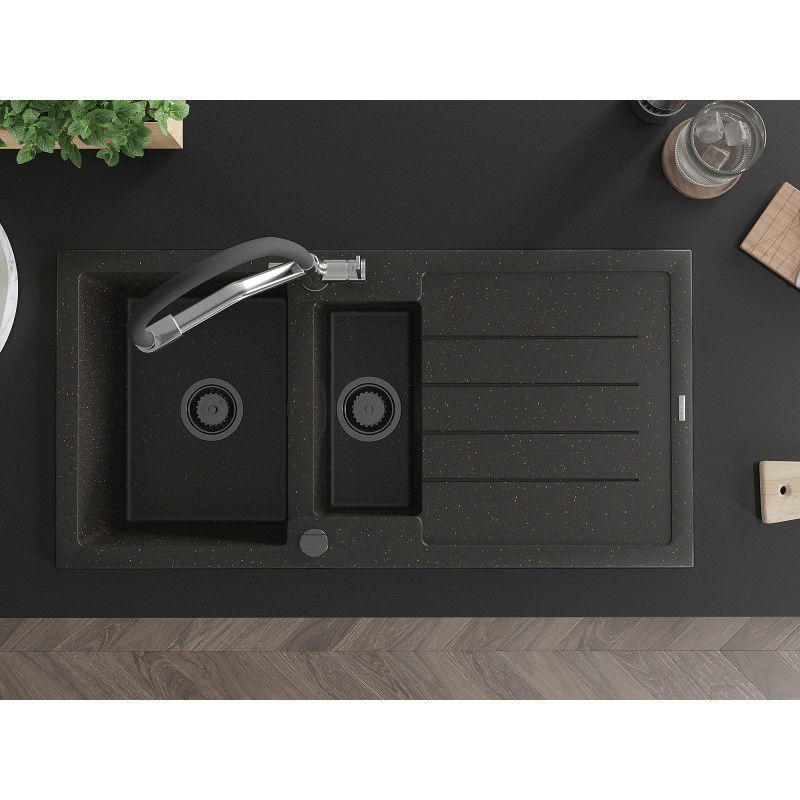 Mexen Andres granitový dřez 1,5 komorový s odkapávačem a kuchyňskou baterií Duo, černý/zlatý metalík - 6515-75-671701-07-B