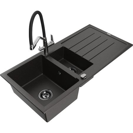 Mexen Andres granitový dřez 1,5 komorový s odkapávačem a kuchyňskou baterií Duo, černý/zlatý metalík - 6515-75-671701-07-B
