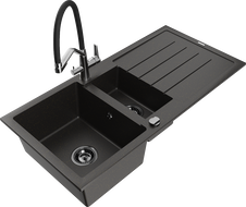 Mexen Andres granitový dřez 1,5 komorový s odkapávačem a kuchyňskou baterií Duo, černý/zlatý metalík - 6515-75-671701-07-B
