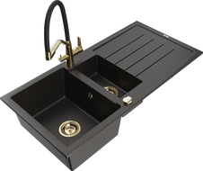 Mexen Andres granitový dřez s 1,5 komorou s odkapávačem a kuchyňskou baterií Duo, černý/zlatý metalik - 6515-75-671701-57-G