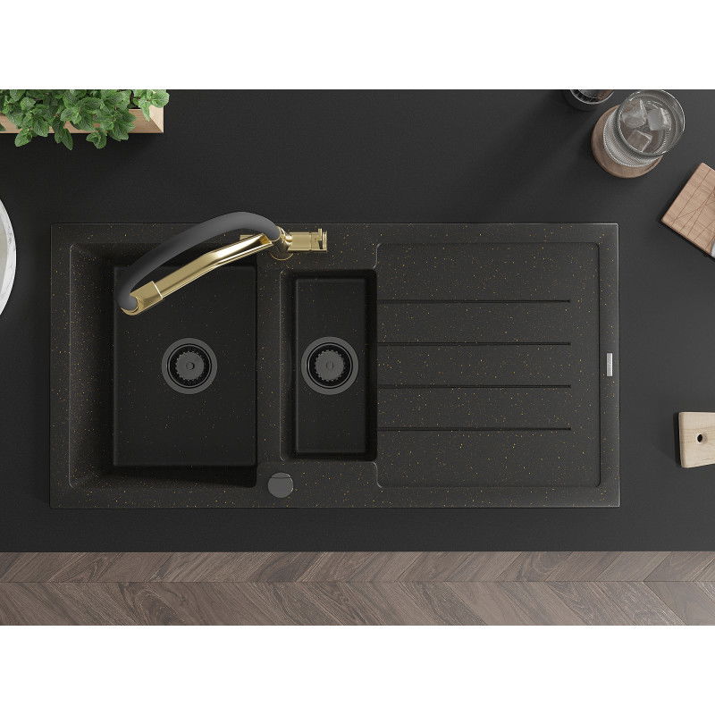 Mexen Andres granitový dřez 1,5-komorový s odkapávačem a kuchyňskou baterií Duo, černý/zlatý metalik - 6515-75-671701-57-B