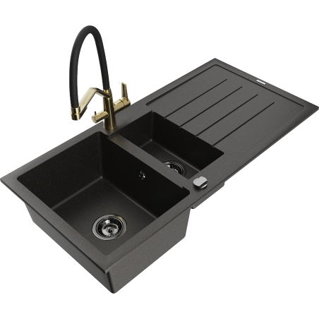 Mexen Andres granitový dřez 1,5-komorový s odkapávačem a kuchyňskou baterií Duo, černý/zlatý metalik - 6515-75-671701-57-B