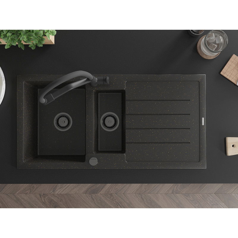 Mexen Andres granitový dřez 1,5komorový s odkapávačem a kuchyňskou baterií Duo, černý/zlatý metalik - 6515-75-671701-70-B
