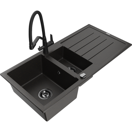 Mexen Andres granitový dřez 1,5komorový s odkapávačem a kuchyňskou baterií Duo, černý/zlatý metalik - 6515-75-671701-70-B