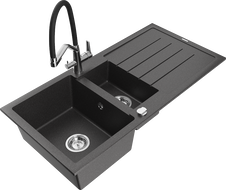 Mexen Andres granitový dřez 1,5-komorový s odkapávačem a kuchyňskou baterií Duo, černý s kropenatým vzorem - 6515-76-671701-07