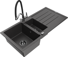 Mexen Andres žulový dřez 1,5-komorový s odkapávačem a kuchyňskou baterií Duo, černý tečkovaný - 6515-76-671701-07-B
