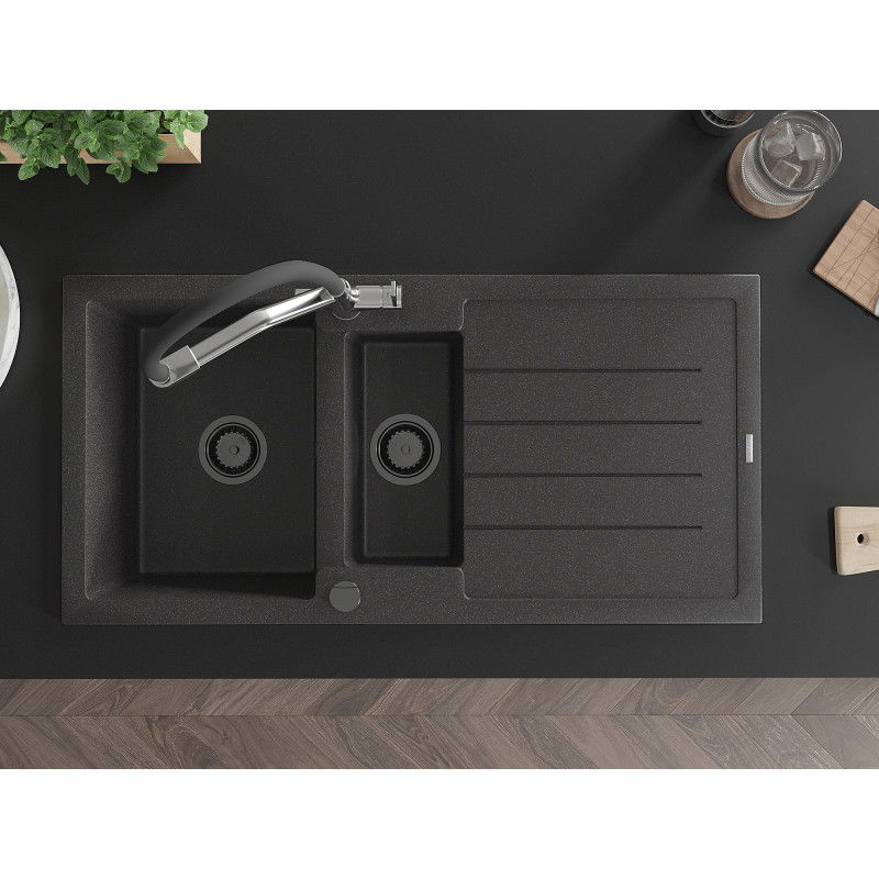 Mexen Andres žulový dřez 1,5-komorový s odkapávačem a kuchyňskou baterií Duo, černý tečkovaný - 6515-76-671701-07-B