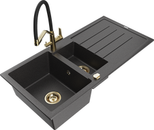 Mexen Andres žulový dřez 1,5-komorový s odkapávačem a kuchyňskou baterií Duo, černý kropenatý - 6515-76-671701-57-G