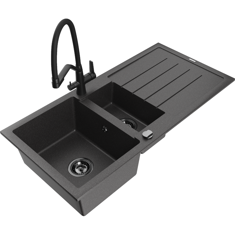 Mexen Andres žulový dřez 1,5-komorový s odkapávačem a kuchyňskou baterií Duo, černý tečkovaný - 6515-76-671701-70-B