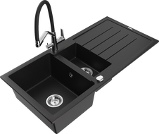 Mexen Andres granitový dřez 1,5-komorový s odkapávačem a kuchyňskou baterií Duo, černý - 6515-77-671701-07