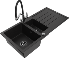 Mexen Andres granitový dřez 1,5-komorový s odkapávačem a kuchyňskou baterií Duo, černý - 6515-77-671701-07-B