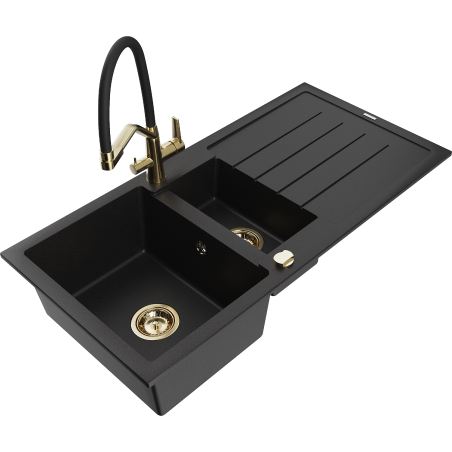 Mexen Andres granitový dřez 1,5-komorový s odkapávačem a kuchyňskou baterií Duo, černý - 6515-77-671701-57-G