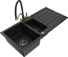 Mexen Andres granitový dřez 1,5-komorový s odkapávačem a kuchyňskou baterií Duo, černý - 6515-77-671701-57-B