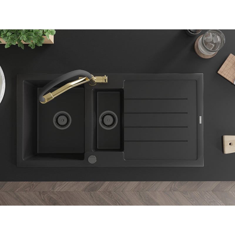 Mexen Andres granitový dřez 1,5-komorový s odkapávačem a kuchyňskou baterií Duo, černý - 6515-77-671701-57-B