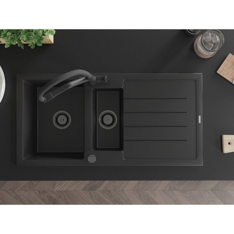 Mexen Andres granitový dřez s 1,5 komorou, odkapávačem a kuchyňskou baterií Duo, černý - 6515-77-671701-70-B