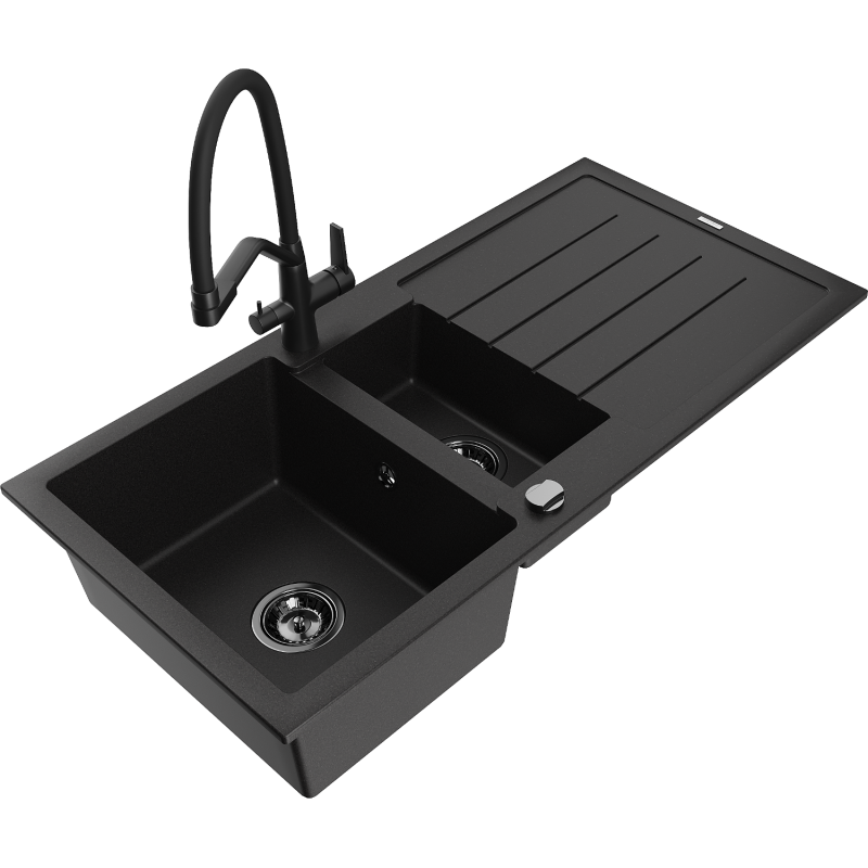 Mexen Andres granitový dřez s 1,5 komorou, odkapávačem a kuchyňskou baterií Duo, černý - 6515-77-671701-70-B