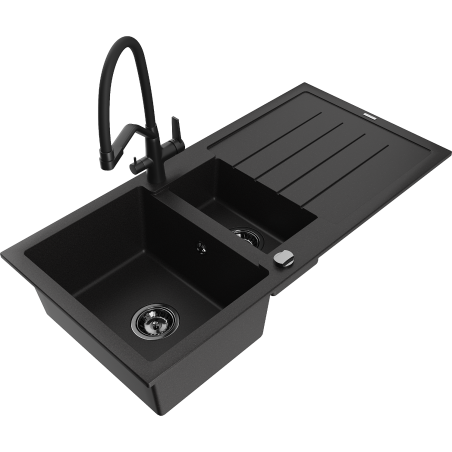 Mexen Andres granitový dřez s 1,5 komorou, odkapávačem a kuchyňskou baterií Duo, černý - 6515-77-671701-70-B