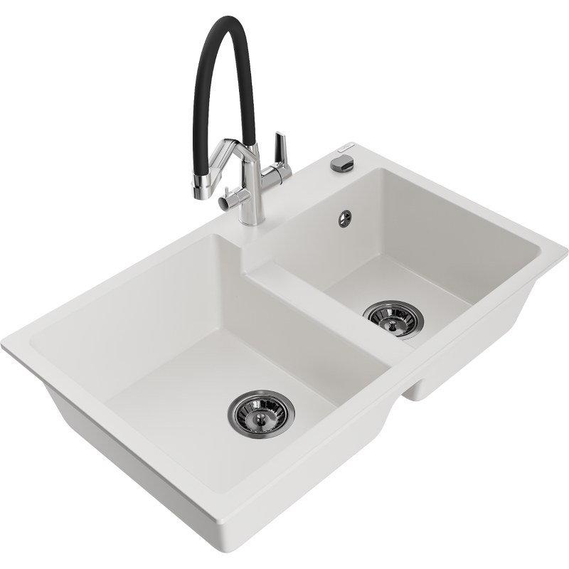 Mexen Tomas granitový dřez dvoukomorový s kuchyňskou baterií Duo, bílý - 6516-20-671701-07-B