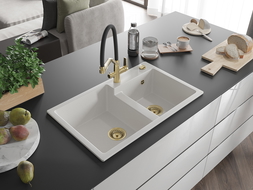 Mexen Tomas granitový dřez 2-komorový s kuchyňskou baterií Duo, bílý - 6516-20-671701-57-G