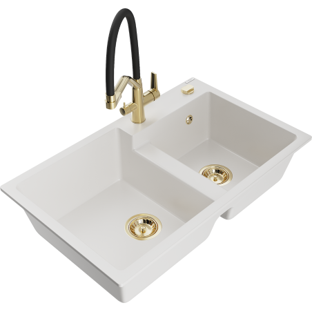 Mexen Tomas granitový dřez 2-komorový s kuchyňskou baterií Duo, bílý - 6516-20-671701-57-G