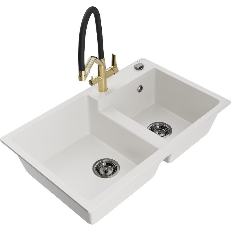 Mexen Tomas žulový dřez s dvojitou komorou s kuchyňskou baterií Duo, bílý - 6516-20-671701-57-B