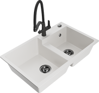Mexen Tomas dvoukomorový granitový dřez s kuchyňskou baterií Duo, bílý - 6516-20-671701-70-B