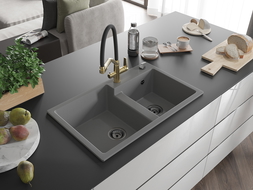 Mexen Tomas dřez granitový 2-komorový s kuchyňskou baterií Duo, šedý - 6516-71-671701-57-B