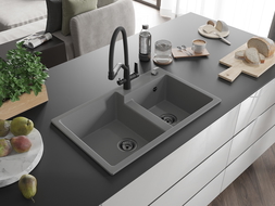 Mexen Tomas žulový dřez 2-komorový s kuchyňskou baterií Duo, šedý - 6516-71-671701-70-B