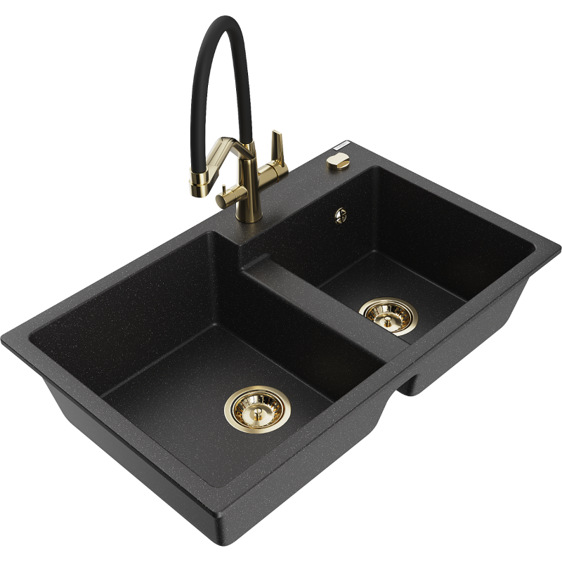 Mexen Tomas granitový dřez 2-komorový s kuchyňskou baterií Duo, černý/stříbrný metalický - 6516-73-671701-57-G