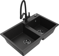 Mexen Tomas dvoukomorový granitový dřez s kuchyňskou baterií Duo, černý/stříbrný metalic - 6516-73-671701-70-B