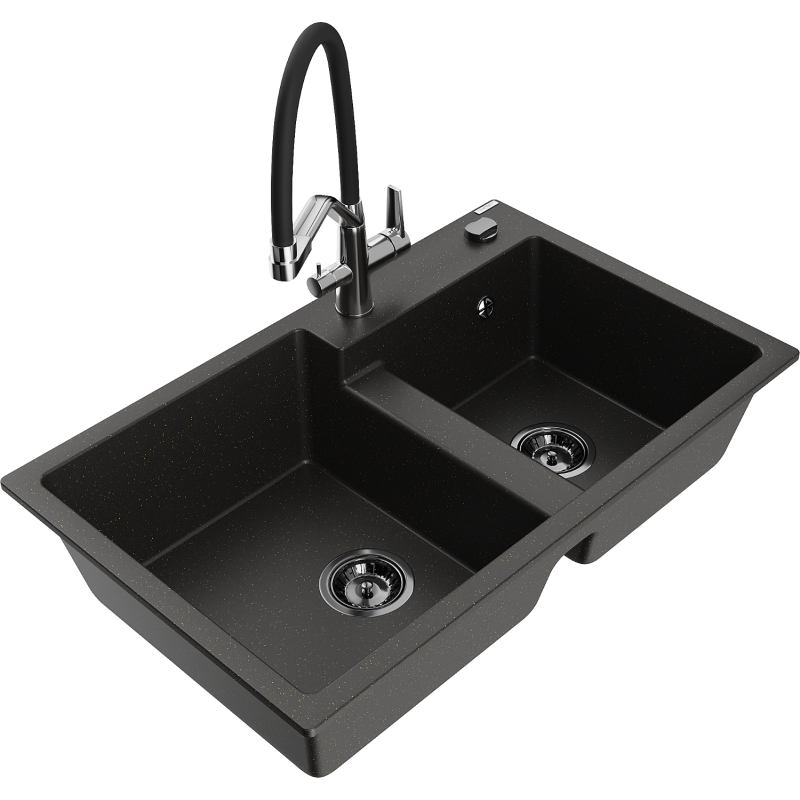 Mexen Tomas granitový dřez dvoukomorový s kuchyňskou baterií Duo, černý/zlatý metalik - 6516-75-671701-07-B