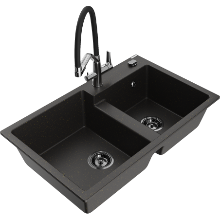 Mexen Tomas granitový dřez dvoukomorový s kuchyňskou baterií Duo, černý/zlatý metalik - 6516-75-671701-07-B