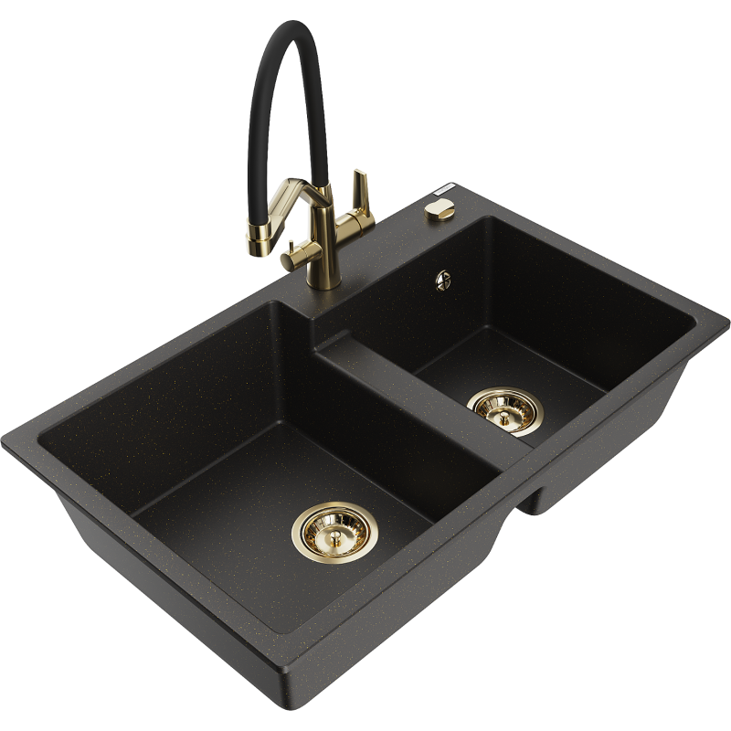 Mexen Tomas dřez granitový 2-komorový s kuchyňskou baterií Duo, černý/zlatý metalík - 6516-75-671701-57-G