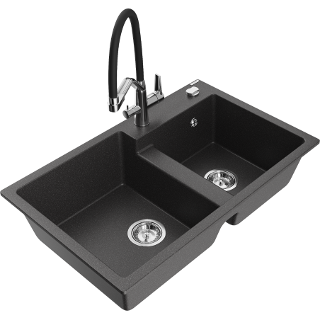 Mexen Tomas dřez granitový 2-komorový s kuchyňskou baterií Duo, černý nakrapený - 6516-76-671701-07