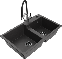 Mexen Tomas dřez granitový 2-komorový s kuchyňskou baterií Duo, černý skvrnitý - 6516-76-671701-07-B