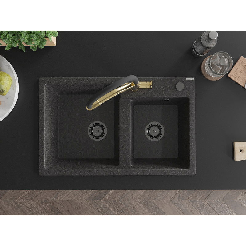 Mexen Tomas dvoukomorový žulový dřez s kuchyňskou baterií Duo, černý kropenatý - 6516-76-671701-57-B