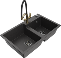 Mexen Tomas dvoukomorový žulový dřez s kuchyňskou baterií Duo, černý kropenatý - 6516-76-671701-57-B