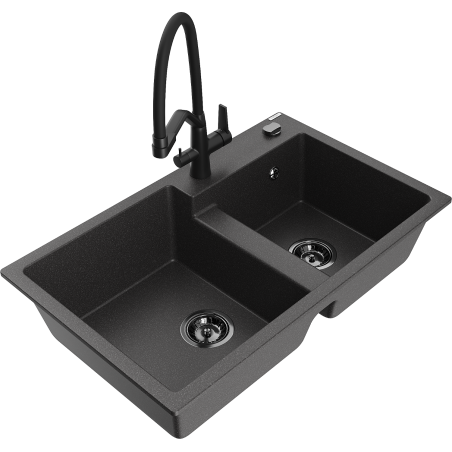 Mexen Tomas dřez granitový 2-komorový s kuchyňskou baterií Duo, černý s tečkami - 6516-76-671701-70-B