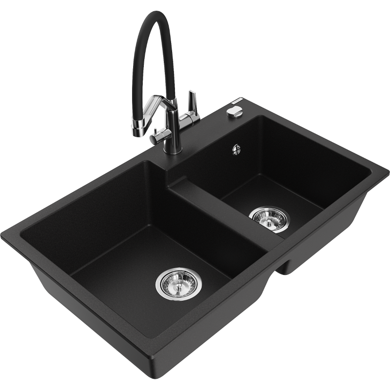 Mexen Tomas granitový dřez 2-komorový s kuchyňskou baterií Duo, černý - 6516-77-671701-07